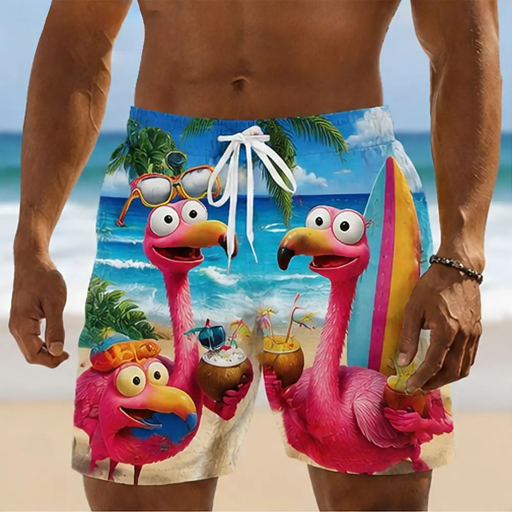 

Men's Spring Summer Casual Shorts, Cartoon Flamingo Beach Print Drawstring Swim Trunks for Holiday Beach & Casual Wear