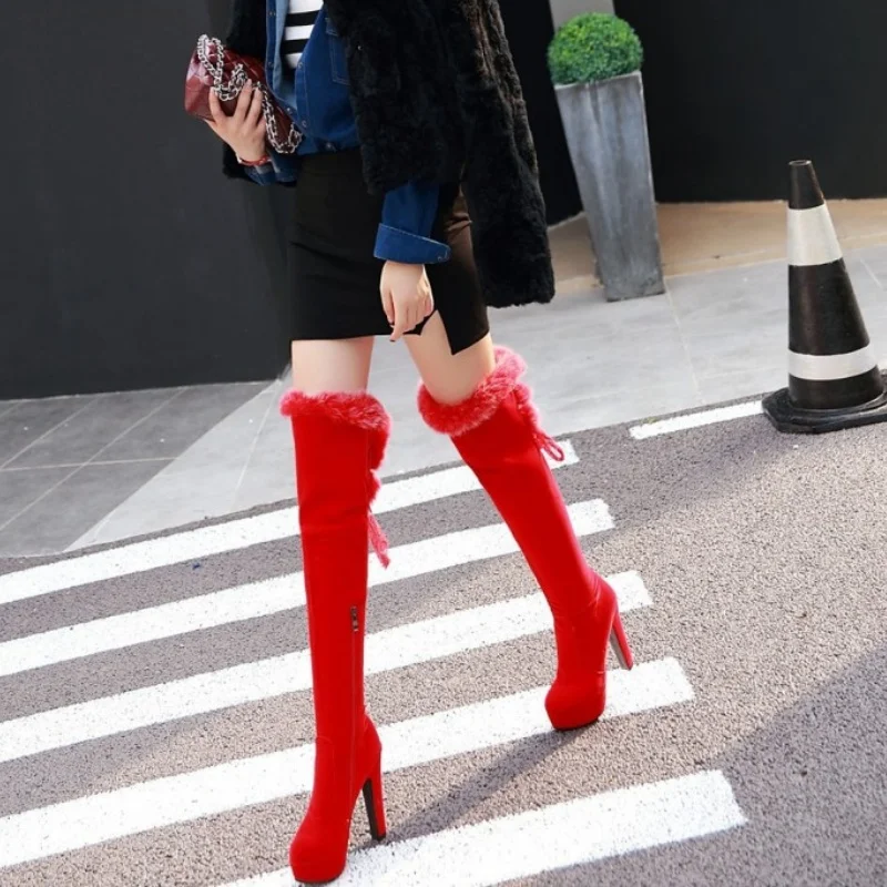 Women Faux Fur Trim Over The Knee Boots Platform Block Heel Thigh High Boots Side Zipper Suede Winter Party Long Boots Black Red
