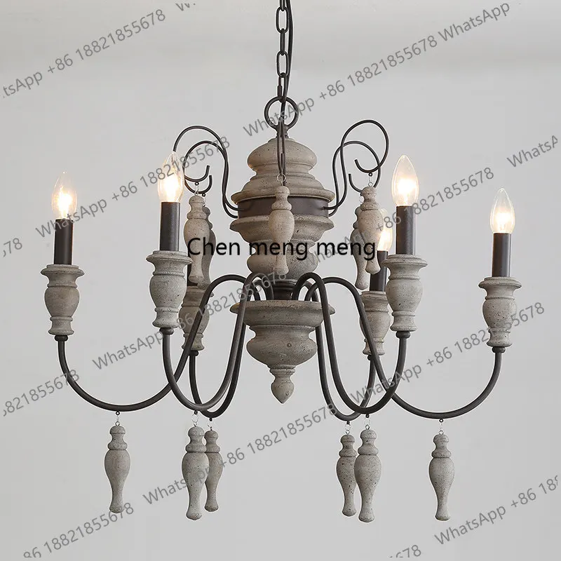 

American rural antique solid wood chandelier dining room 8 head wrought iron lamp French style bedroom living room lamp