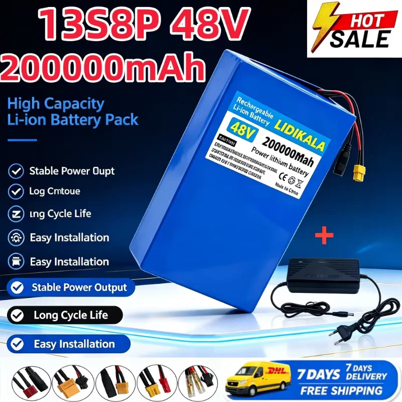 Pacco batterie al litio 18650 13S8P 48V 200000mAh, grande capacità, adatto per 48V 250-2000W, con BMS integrato + caricabatterie 54.6V2A