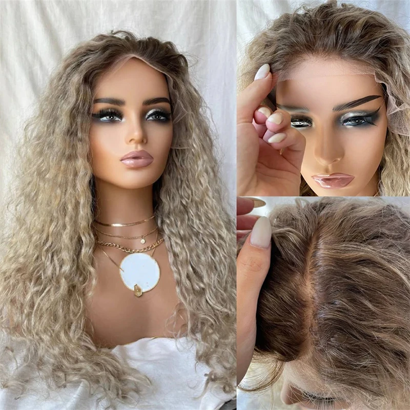 Ombre Ash Blonde HD Transparent Full Lace Front Wig Curly Human Hair Wig 13x4 13x6 Colored For Women 100% Real Human Hair Wigs