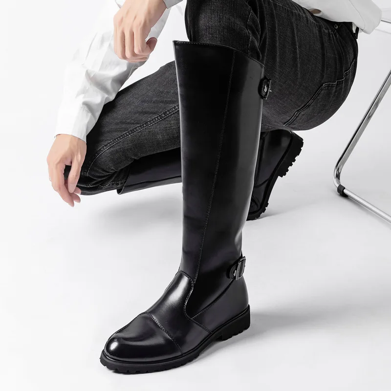 plus size men's fashion long natural leather boots black brown shoes cowboy high knight boot stage nightclub motorcycle botas view 3