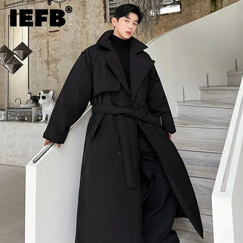 IEFB 2024 Winter Trendy Oversize Cotton Coat Men\'s Long Padded Jacket Thickened Double Breasted Solid Color Men Wear Belt 9C3853