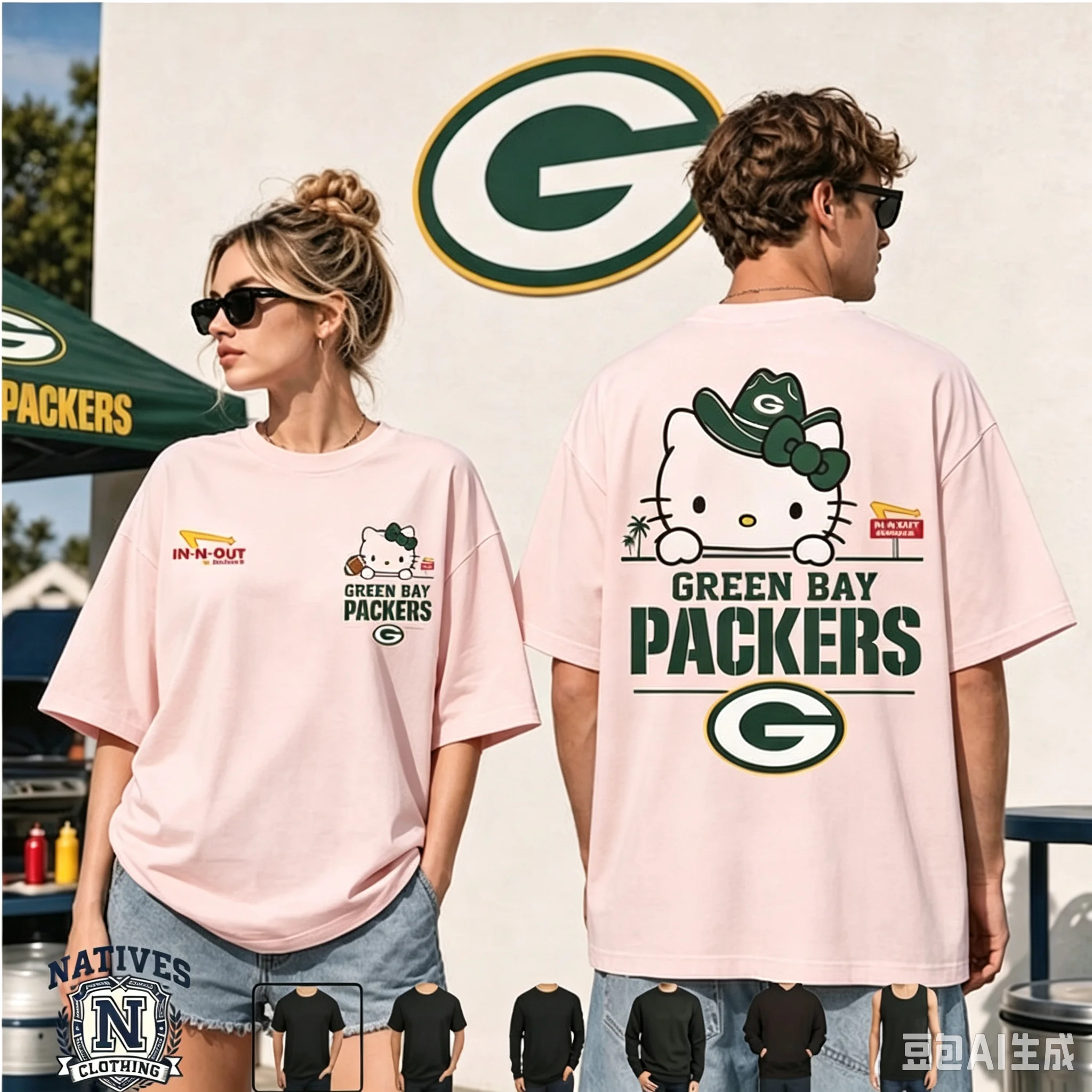Kawaii Hello Kitty Green Bay Packers Football T Shirt Cute Cowboy Hat Kitty Print Casual Couple Short Sleeve