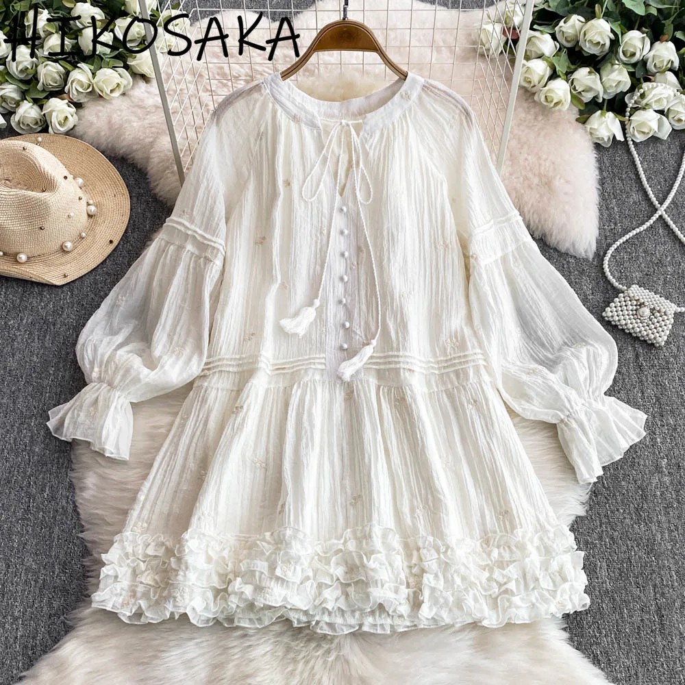 

Bohemian Vacation Style Long Sleeve Dress O-neck Lace Up Sweet Loose Petal Vestidos Femininos 2025 Autumn Chic Ropa Mujer