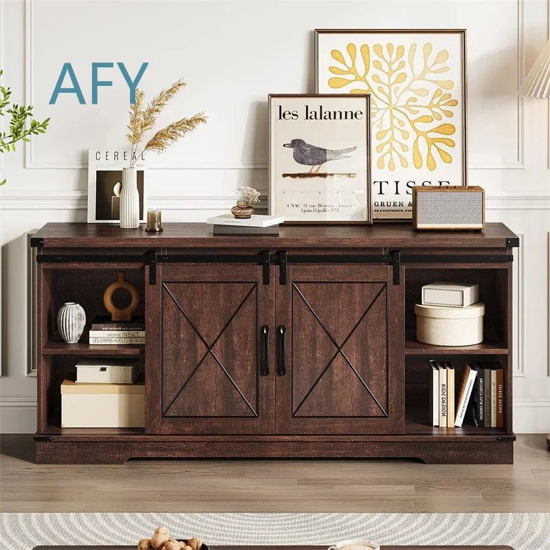 New Brown Country Style Entertainment Center with Sliding Barn Doors for TV Stand Storage Cabinet for Living Room Home Decor