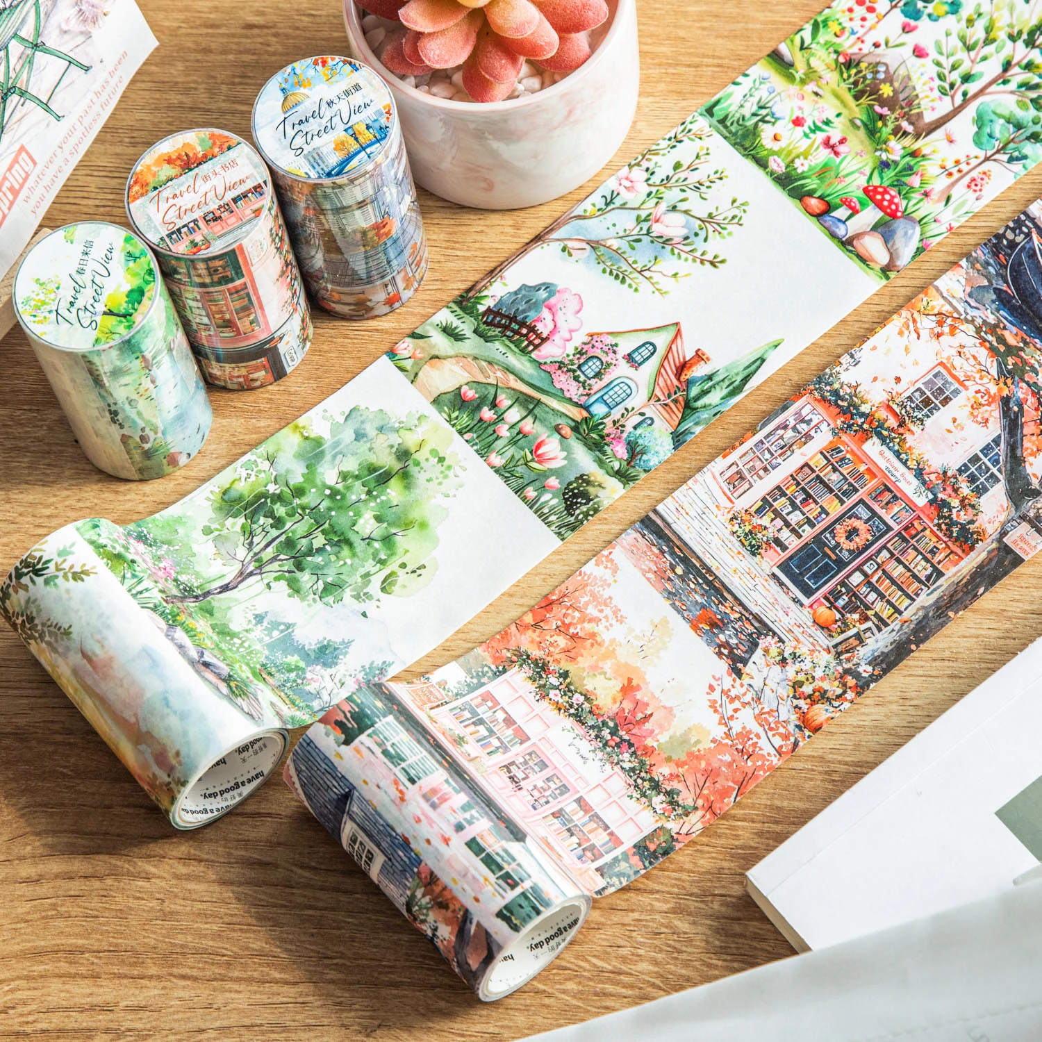 80mm*200cm Road View Series Vintage Travel Flower Landscape Washi Tape Creative DIY Journal Material Collage Stationery