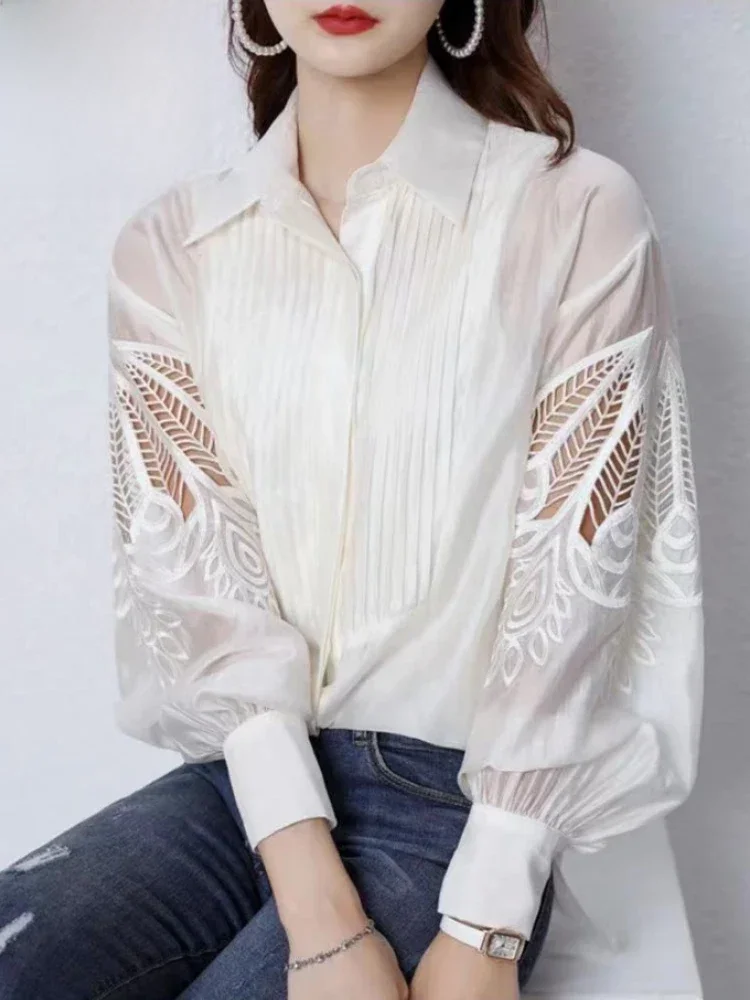 

New in Spring Turn-down Collar Women's Shirts & Blouses Flower Hollow Out Pleaded Long Sleeve Top Elegant Office Female Clothing