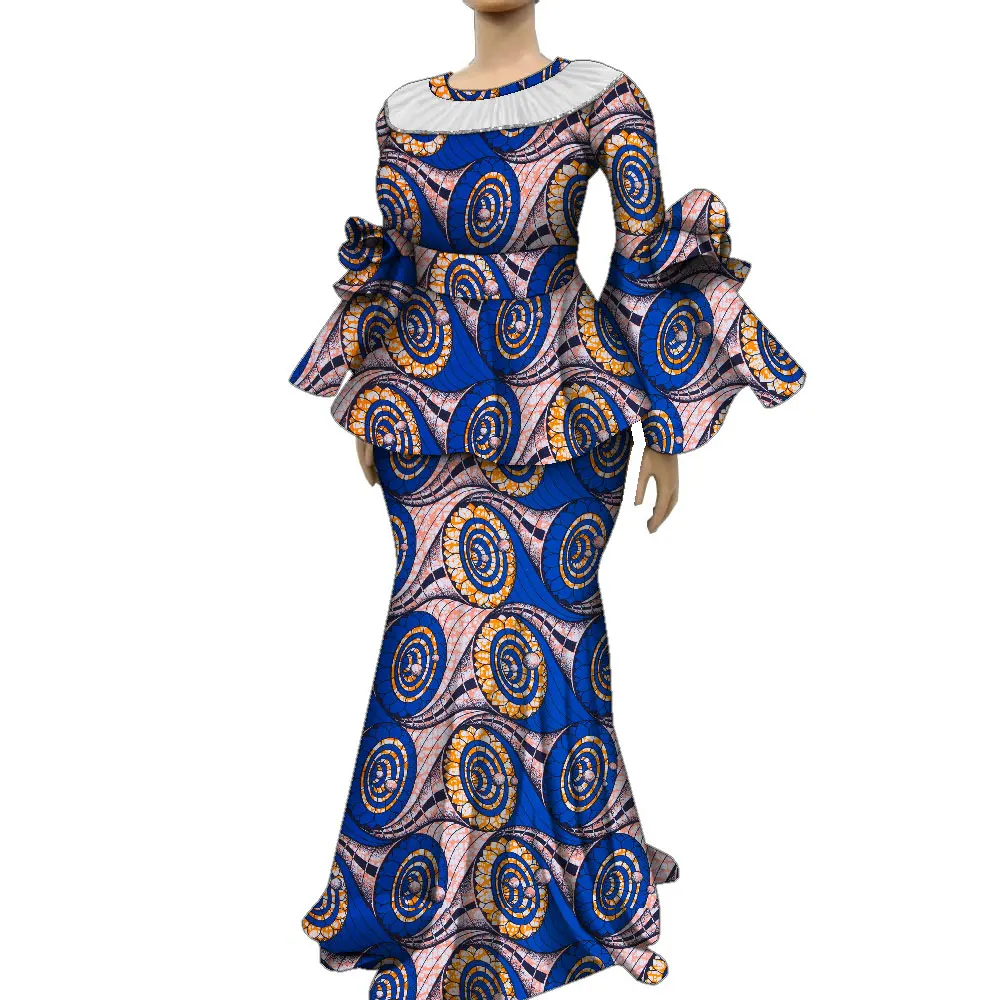 

African Skirt Sets for Women Africa Wax Print Dashiki Tops and Long Skirt O-neck Flare Sleeves Women Clothing Plus Size WY2135