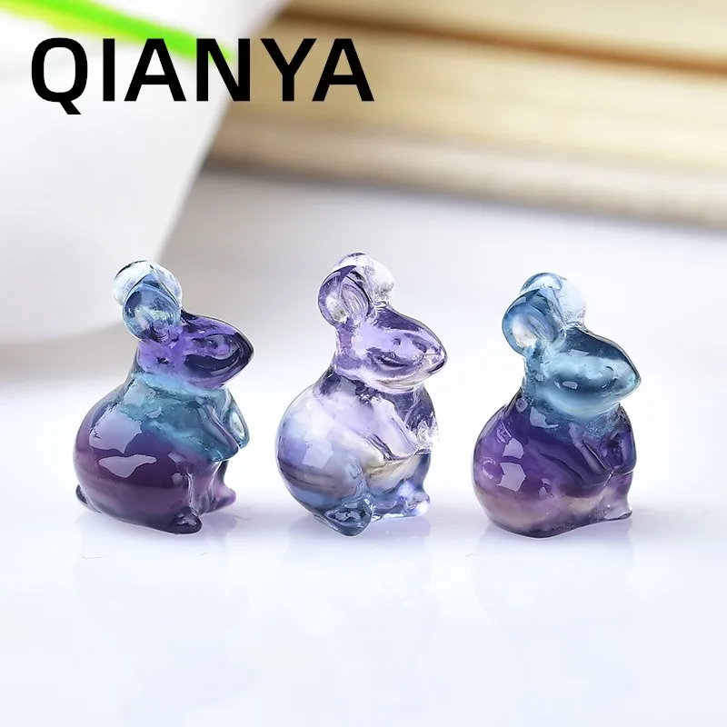 Cute Elf Rabbit Natural Crystal Color Fluorite Quartz Gemstone Mini Animal Carving Crafts Aura Home Decor Diy Jewelry Gifts