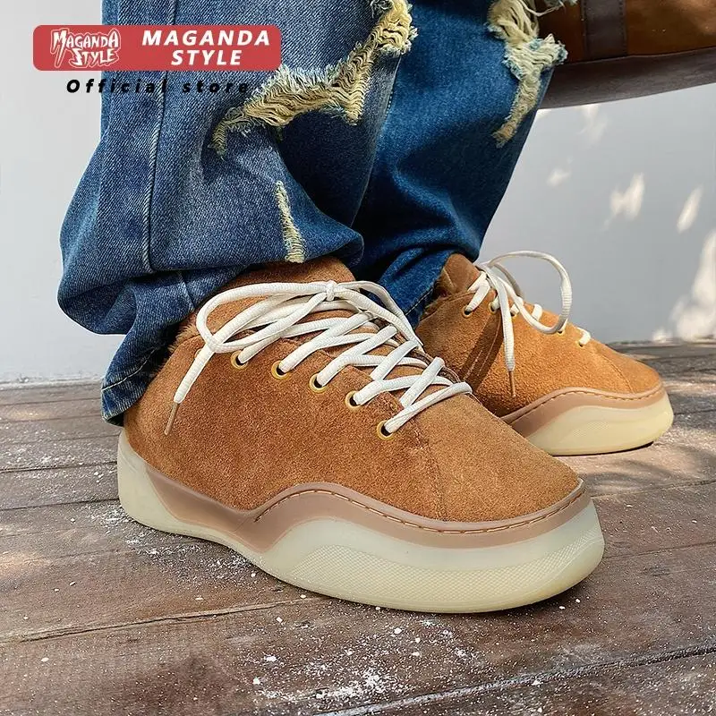 Autumn and winter suede corduroy bread shoes for men and women's casual board shoes with velvet trend amber color