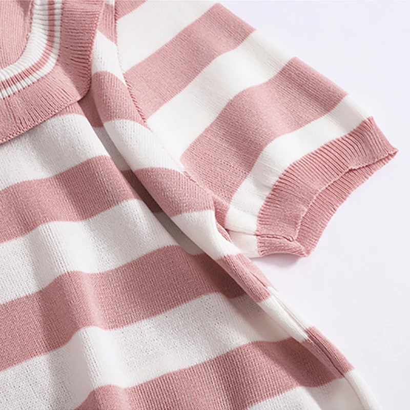 Women Summer Sweet Sailor Collar Tops Stripes Thin Short Sleeved Pullover Elastic Loose Casual T-shirt Spring Chic Knit Shirt