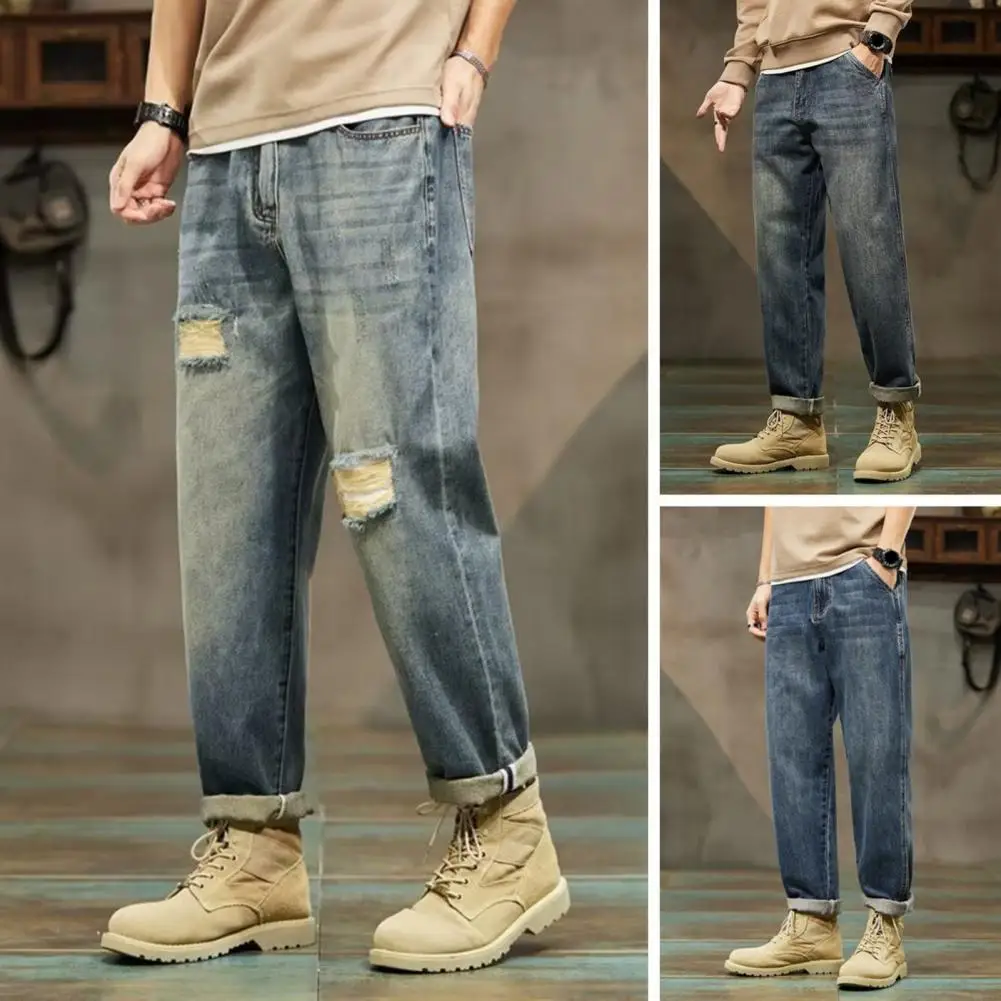 

Men Comfortable Stretch Jeans Trendy Men's Gradient Color Denim Jeans with Multiple Pockets Waist Straps for Streetwear Style