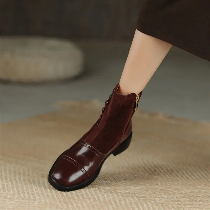 HOT SALE Jesień/Zima Buty damskie Split Leather Shoes for Women Round Toe Chunky Heel Shoes Sheep Suede Tube Rivet Boots Women