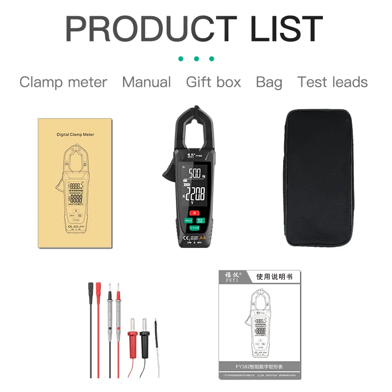 FY382 Digital Clamp Meter 6000/9999 Counts Auto Range  AC/DC Current Voltage   Ammeter Multimeter True RMS NCV Ampere Ohm Tester