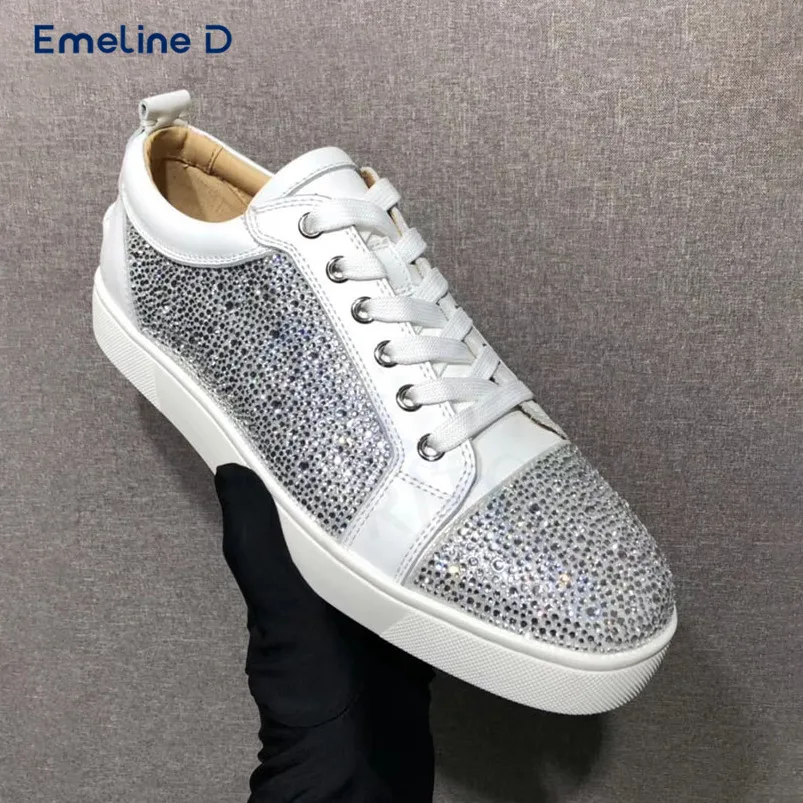 Cristal strass rendas sapatos casuais dedo do pé redondo branco rendas deslizamento-on tênis elegante e personalidade sapatos de tamanho grande