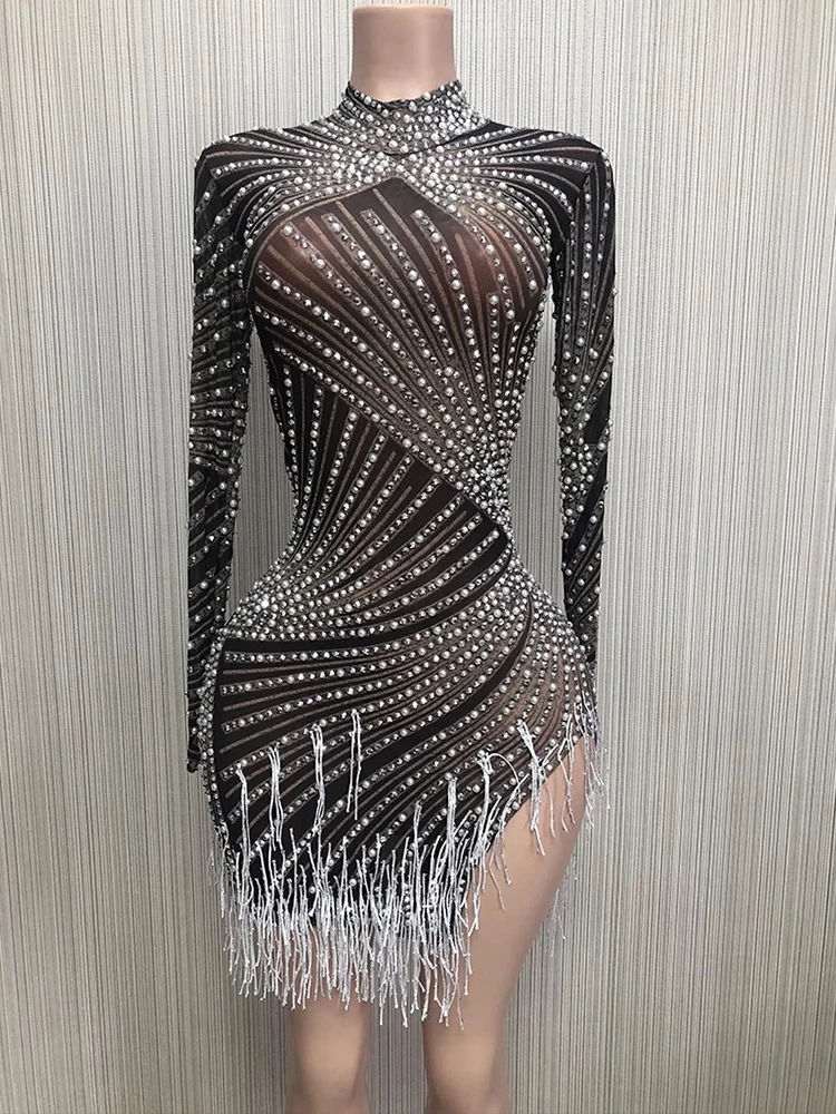 

High Quality Rhinestone Tassel Sexy Elastic Irregular Dress 2025 New Fashion Custom Women'S Clothing