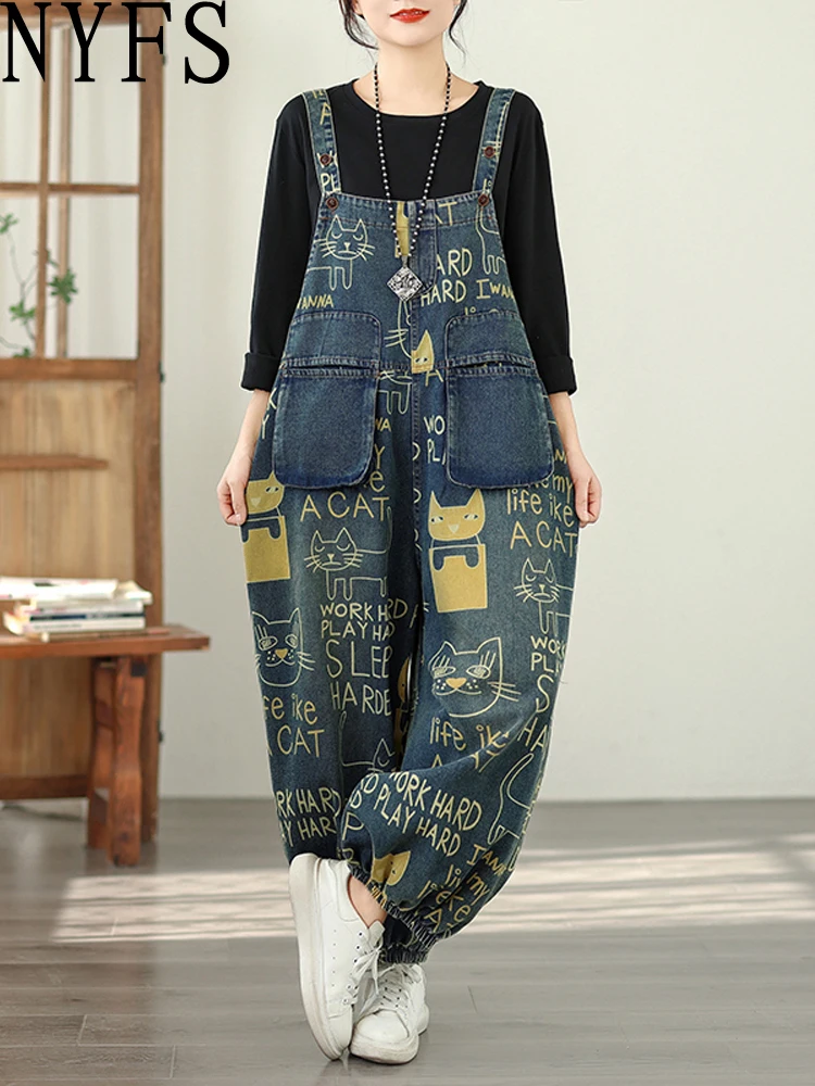 

NYFS, весна 2026, женские джинсовые комбинезоны с винтажным принтом, брюки, свободный комбинезон больших размеров, женская модная коллекция