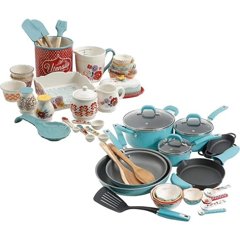 

Vintage Speckle 24-Piece Cookware Combo Set in Turquoise bundle with Copper Charm Stainless Steel Copper Bottom Cookware Set