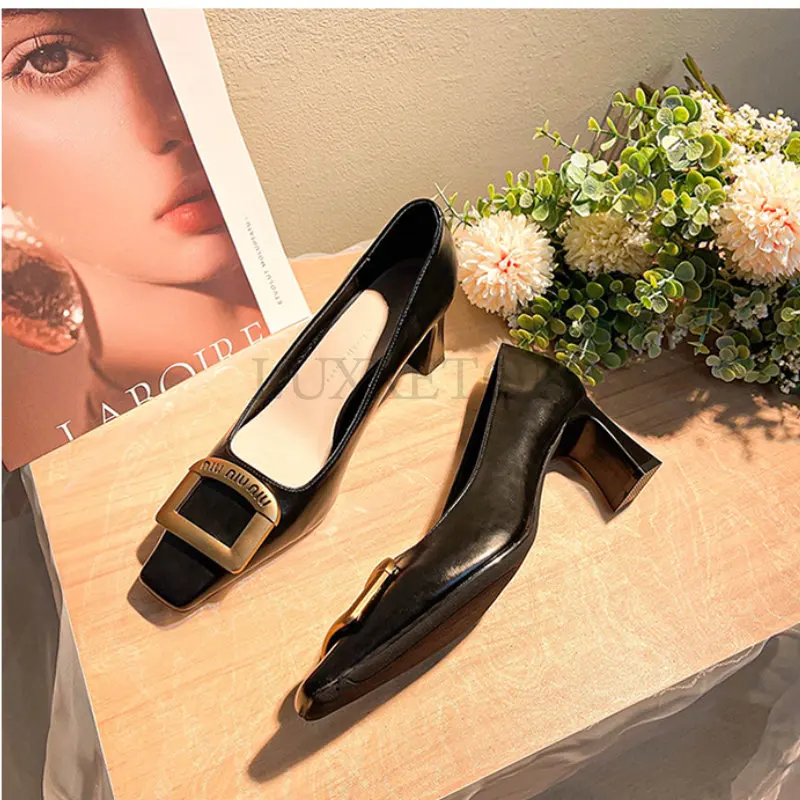 Square Head Women Shoes Square Buckle Thick Heel Female Single Shoes Shallow Mouth Middle Heel Comfortable Ladies Pumps