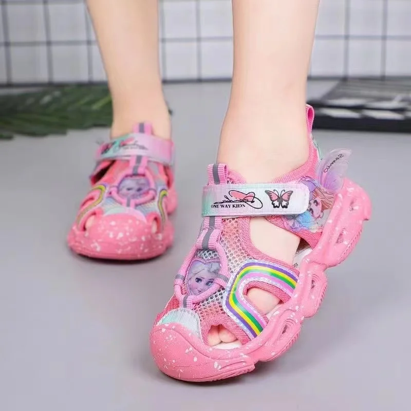 Summer Baby Girls LED Light Sandals Cartoon Frozen Elsa Print Children Closed Toe Orthopedic Kids Slipper Sport Soft Beach Shoes