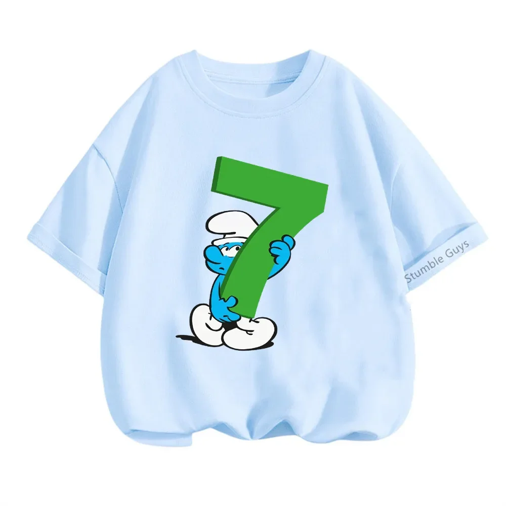 Maglietta Smurfs per bambini maglietta estiva per cartoni animati numero di compleanno 3-9 stampa t-shirt a maniche corte Set vestiti per ragazzo