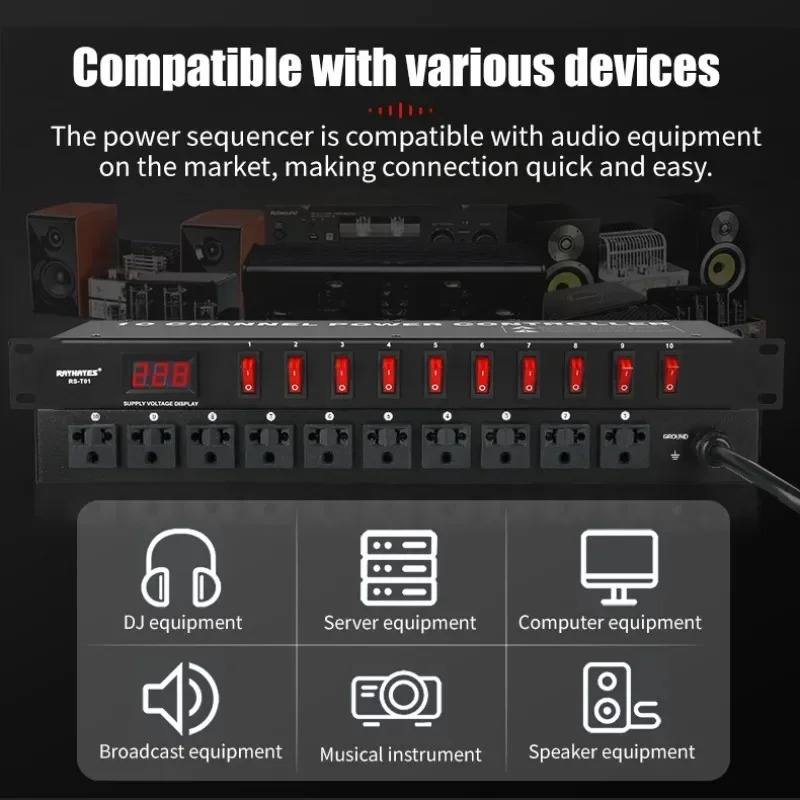 RAYHAYES RS-T01 Professional Audio Sequencer 10 Channel Independent Switch Sequencer High Power Equipment Supply Controller