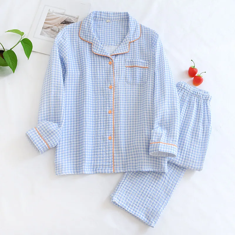 New Women Spring Pajamas Cotton Gauze Crepe Sleepwear Long Sleeve Print Two Piece Set Loungewear Thin Casual Loose Home Clothes