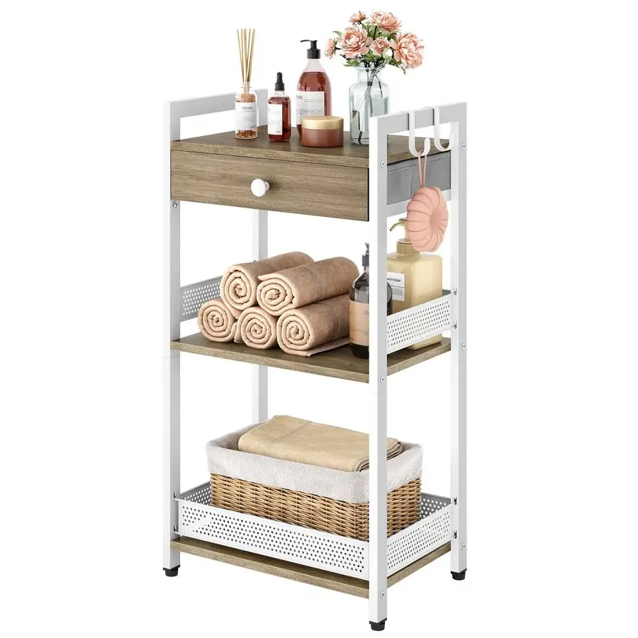 

3Tier Bathroom Ladder Shelf Floor Storage Shelf with Drawer Freestanding Shelving Unit Bookcase End Table for Bathroom Living Ro