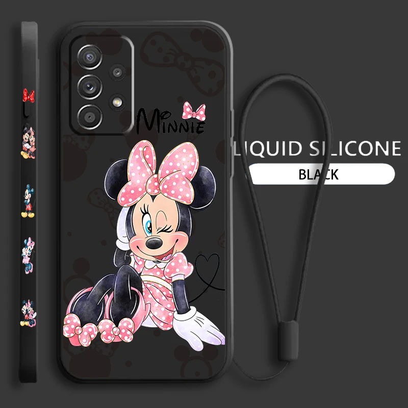 Cute Mickey Minnie For Samsung Galaxy A73 A54 A34 A53 A33 A52 A32 A22 A71 A51 A21S 4G 5G Liquid Left Rope Phone Case Coque Capa