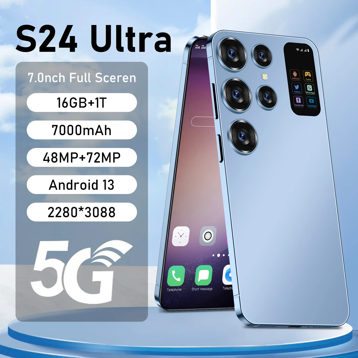 

New S24 Ultra Smartphone, 7.0-inch, 16GB+1TB, Global Edition, 7000mAh, 4G/5G Networks, 48MP+72MP, Android 13 Fast Shipping