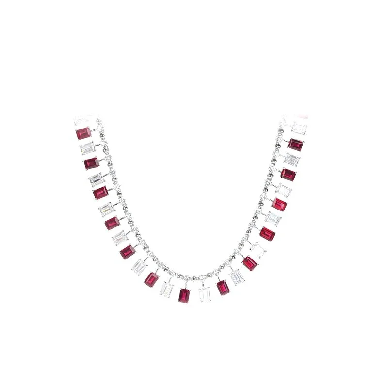 BELLUX Collarbone Chain 925 Silver White Gold Plated Synthetic Zircon Emerald Cut Ruby Princess Light Luxury Fine Necklace