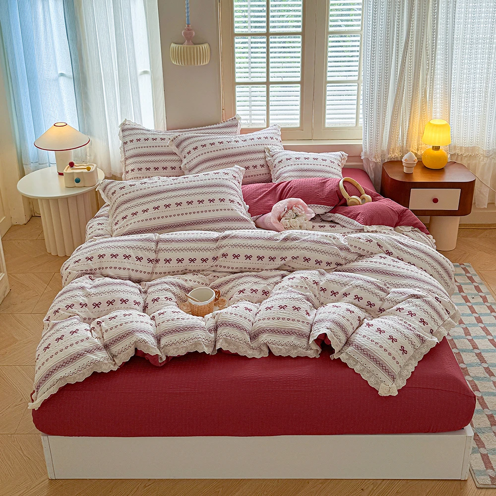 Duvet Cover Bedding Set Twin Full Queen King Size 135x200 Quilt Cover 240x220 Double Single Korean Bow Lace Bed Linen 200x200