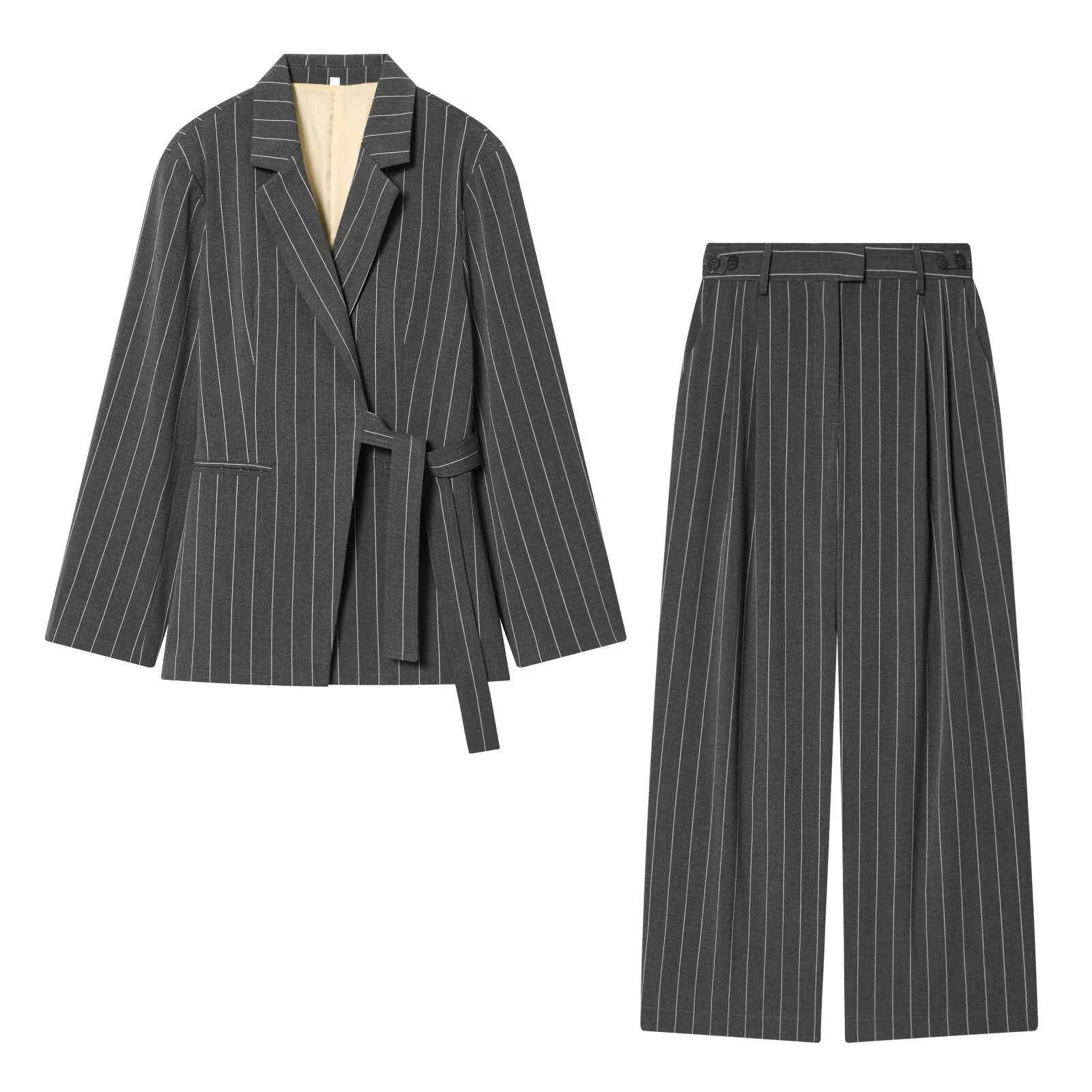 2026 Spring New Women's Casual Style Versatile Long Sleeve Wrapped Striped Suit Straight Leg Pants Set
