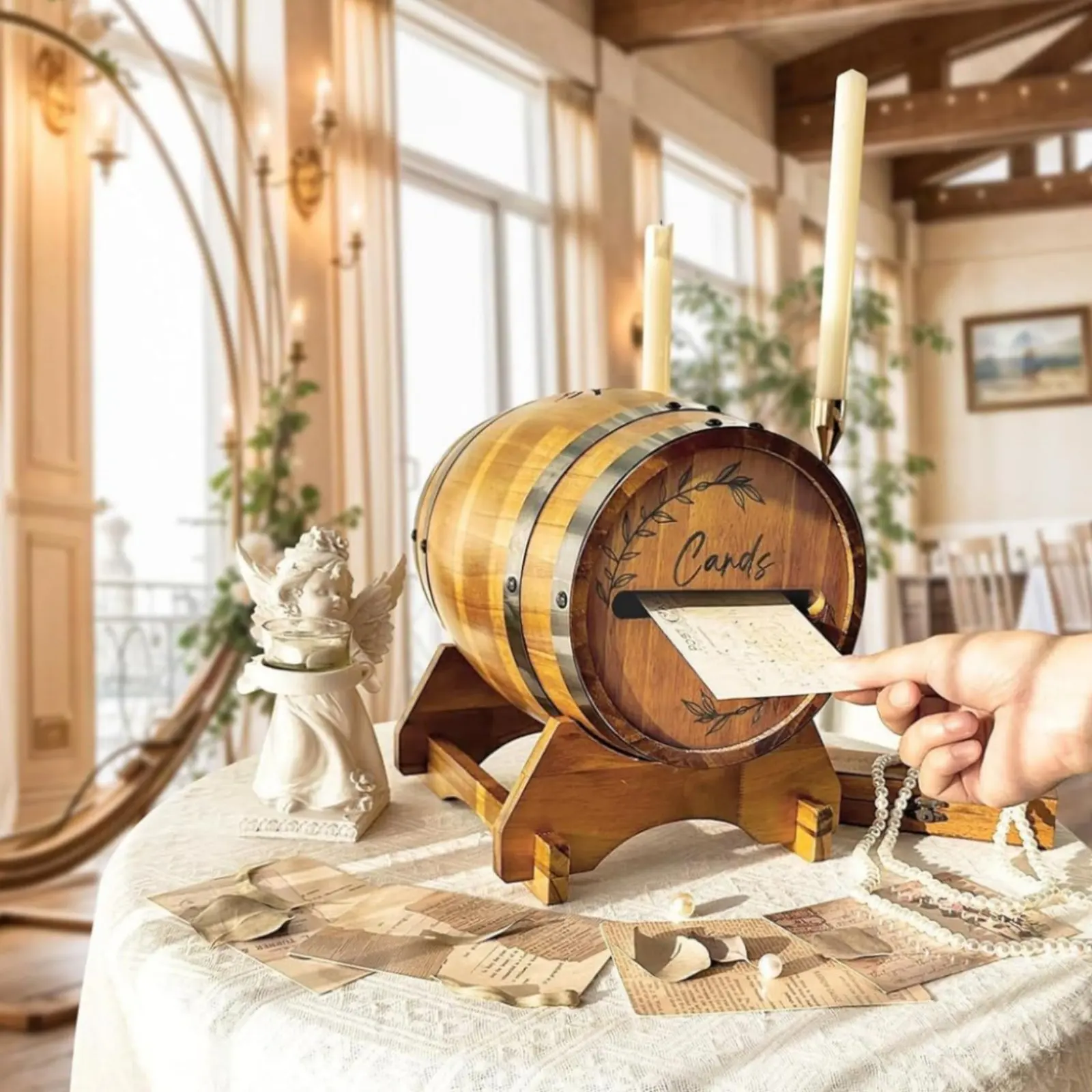 Bourbon Barrel Card Box Wide Opening Wooden Barrel Card Box Rustic Envelope Holder Easy to Assemble Reusable for Baby Shower