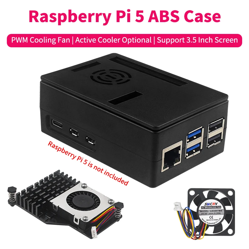 Корпус из АБС-пластика Raspberry Pi 5, черный пластиковый корпус, охлаждающий вентилятор с ШИМ, активный кулер, дополнительная поддержка экрана 3,5 дюйма для Raspberry Pi 5