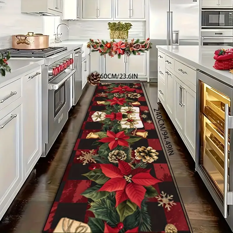 VIKAMA Rustic Plaid Christmas Floral Bell Runner Rug Non‑Slip Long Floor Mat Hallway Entryway Kitchen Holiday Home Decoration