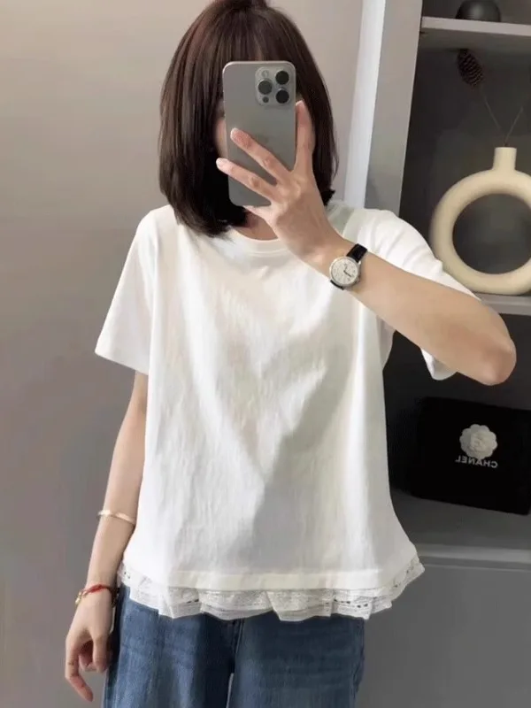 

Свободная футболка из чистого хлопка ort Sve, женская футболка больших размеров с кружевной отделкой, красивый топ, удобная дышащая повседневная одежда