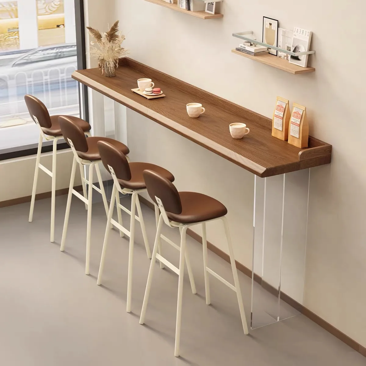 Acrylic solid wood bar, milk tea, coffee shop, long strip high table, office balcony, long strip table by the window