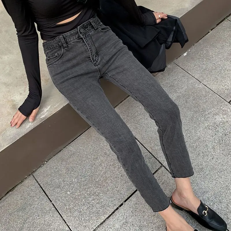 New High Waist Slim Fit Straight Leg Denim Jeans Women's Nine Points Autumn Winter Loose Pants Frayed Hem Casual Trousers