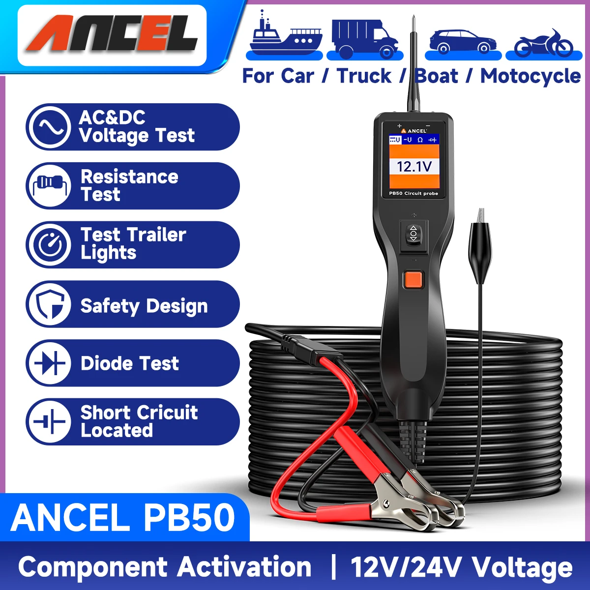 

ANCEL PB50 12/24V Car Electric Circuit Tester Probe Pen Tester Voltage Resistant Test Voltage Power Probe Kit Auto Battery Test