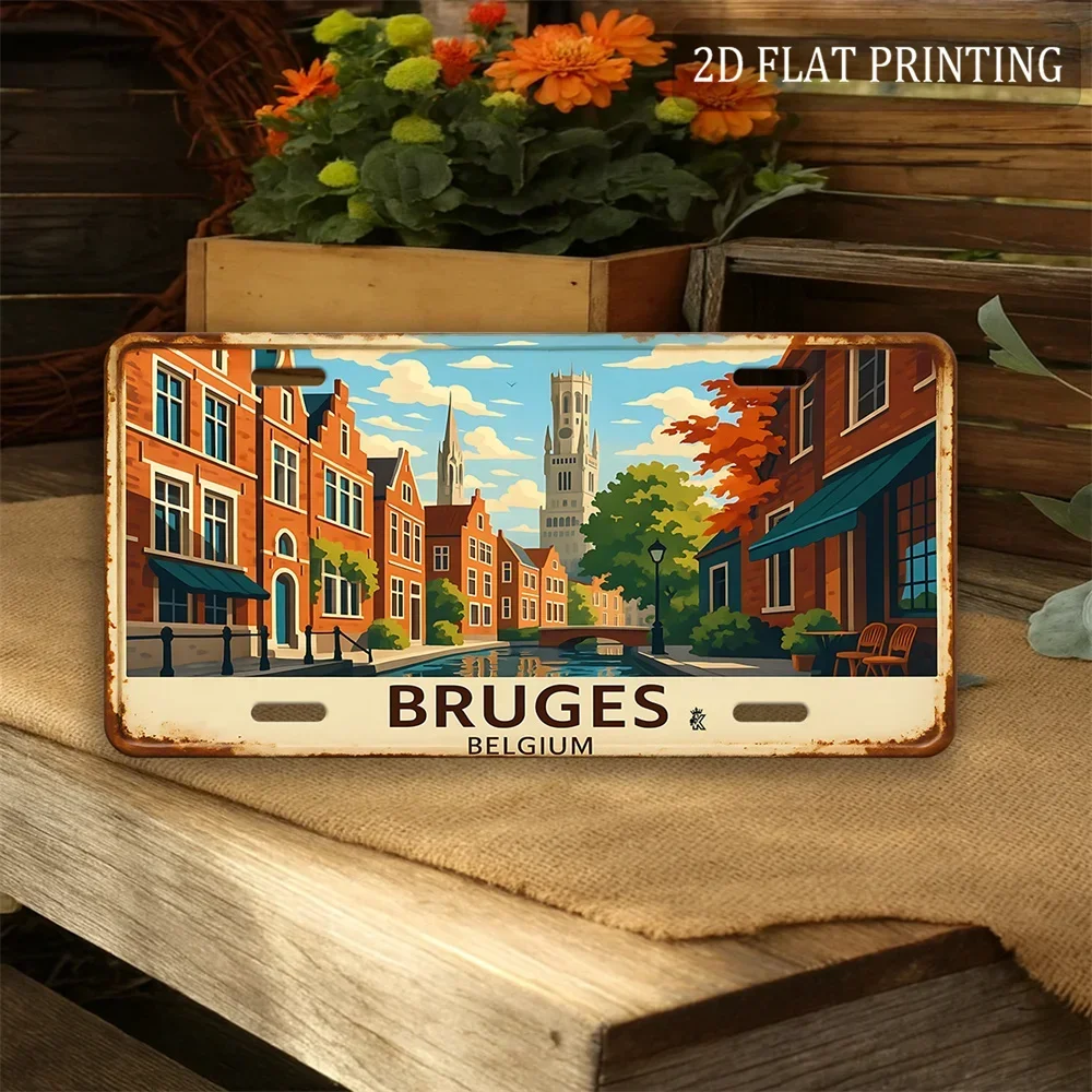1pc, 2D Flat Plane, for Decorative Use Only, Vintage Metal License Plate - Bruges,Canal Street Scene, Old European Town Desig