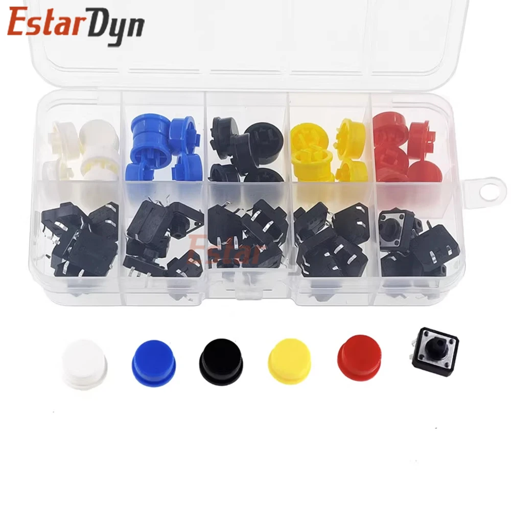 Estardyn 25PCS 12x12mm Tactile Push Button Switch Kit, Momentary Micro Switch with 5 Color Caps for Pi DIY