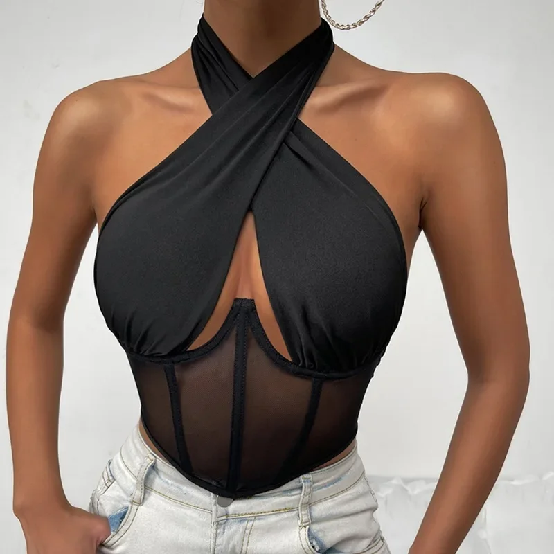 

2024 New Sexy Cross Halter Corset Bustier Mesh Bone Tank Tops Women Tie Up Wrap Tube Tops Backless Slim Fit Cut Out Front Tops