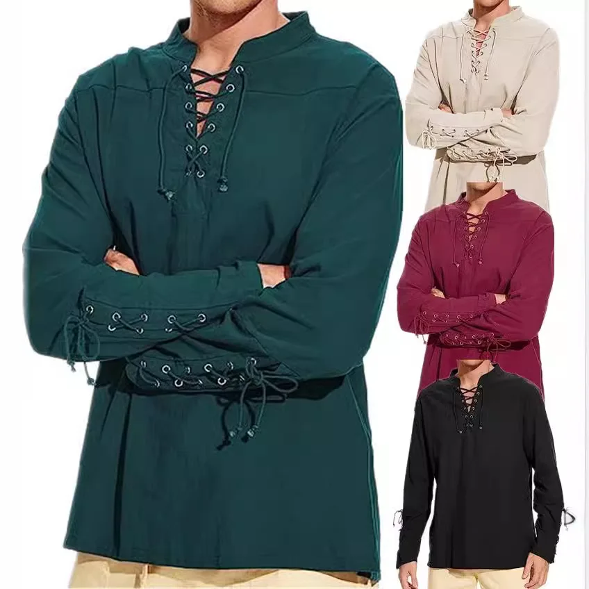 Men Medieval Costume Cotton Linen Shirts Ruffled Long Sleeve Lace Up Pirate Cosplay Shirt Vampire Medieval Renaissance Shirt