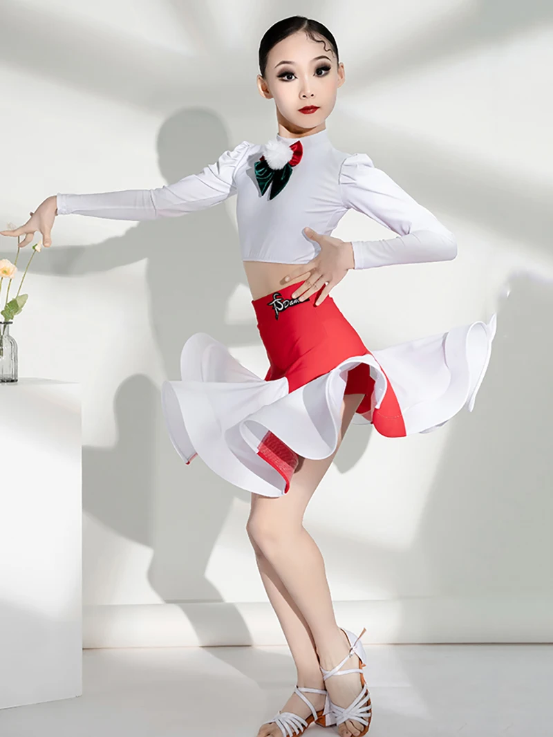 เด็กผู้หญิงชุดฝึกซ้อมเต้นรำละตินมาตรฐานแห่งชาติเสื้อแขนยาวและกระโปรงชุดปาร์ตี้คริสต์มาส