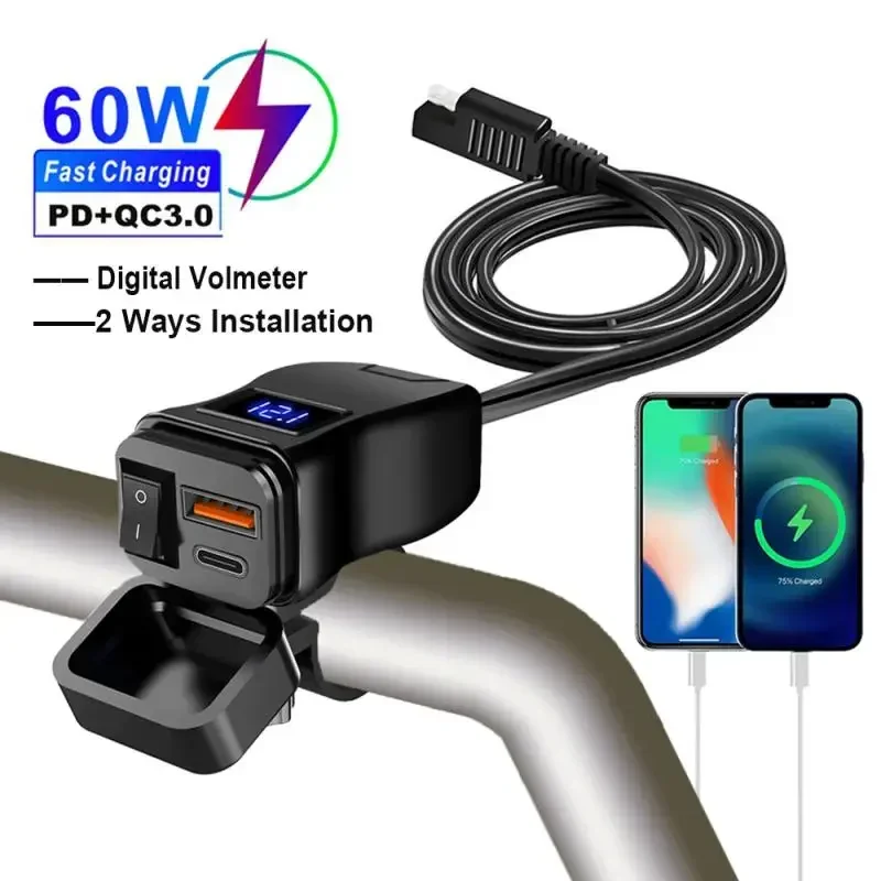 60W PD QC3.0 Motorrad USB-Schnellladegerät Lenker Dual-USB-Buchse mit Schalter Voltmeter Wasserdichter 12V-Stromversorgungsadapter