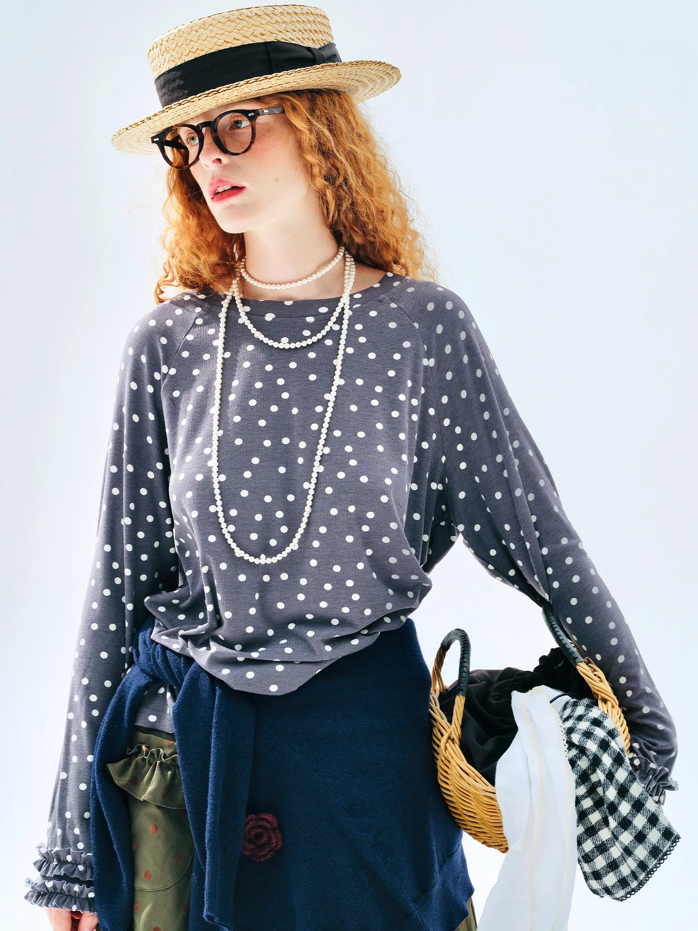 

Gray Long-Sleeve T-Shirt - imakokoni 2025 Artistic Soft Long-Sleeve Polka Dot Ruffled Inner Wear Autumn Top 255259