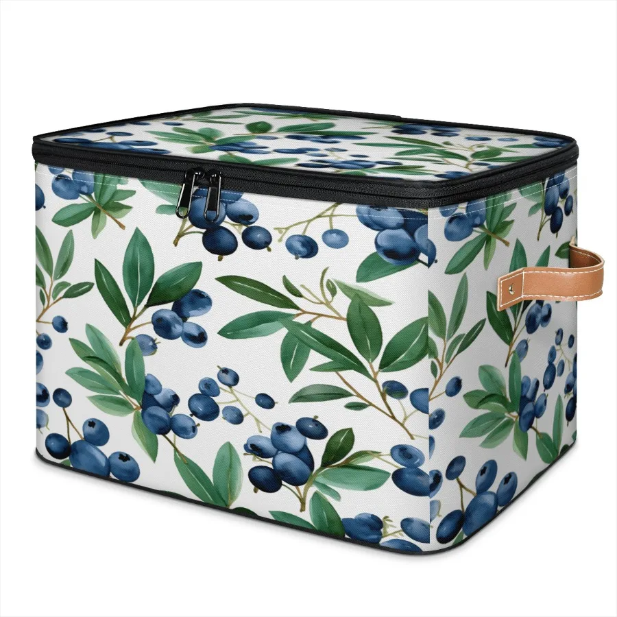 

Blueberry Leaves Storage Bin with Zipper Lid, Fabric Foldable Shelf Baskets Boxes, Closet Lidded Storage Bins, Decorative Cloth