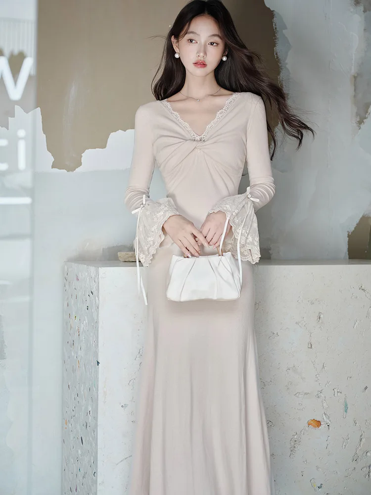 Robe longue en dentelle tricotée, manches évasées, Chic, col en v, élégante, pull décontracté, robe de bal moulante coréenne, automne hiver 2025